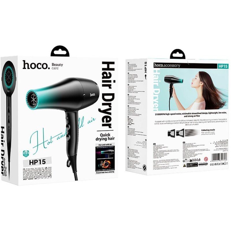 Sèche-cheveux HOCO HP15 air chaud/froid 1500W Bleu Noir