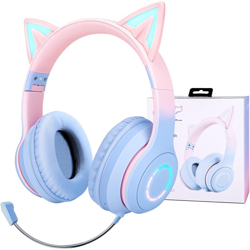 Casque sans Fil Bluetooth Réglable avec Oreilles de Chat LED & Micro – Image 2
