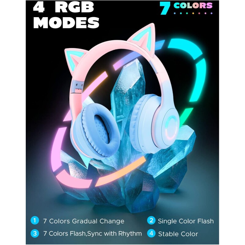Casque sans Fil Bluetooth Réglable avec Oreilles de Chat LED & Micro – Image 3